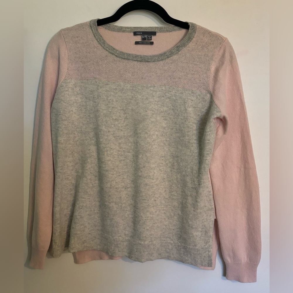 Vince 100% Cashmere Pink Gray Colorblock Crewneck Longsleeve Womens XL Sweater